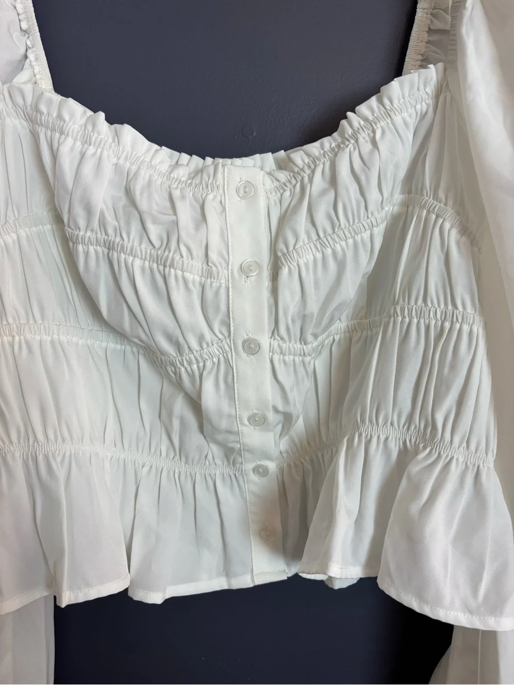 NEW ASTR The Label White Smocked Crop Blouse Top XL Square Neck Balloon Sleeves